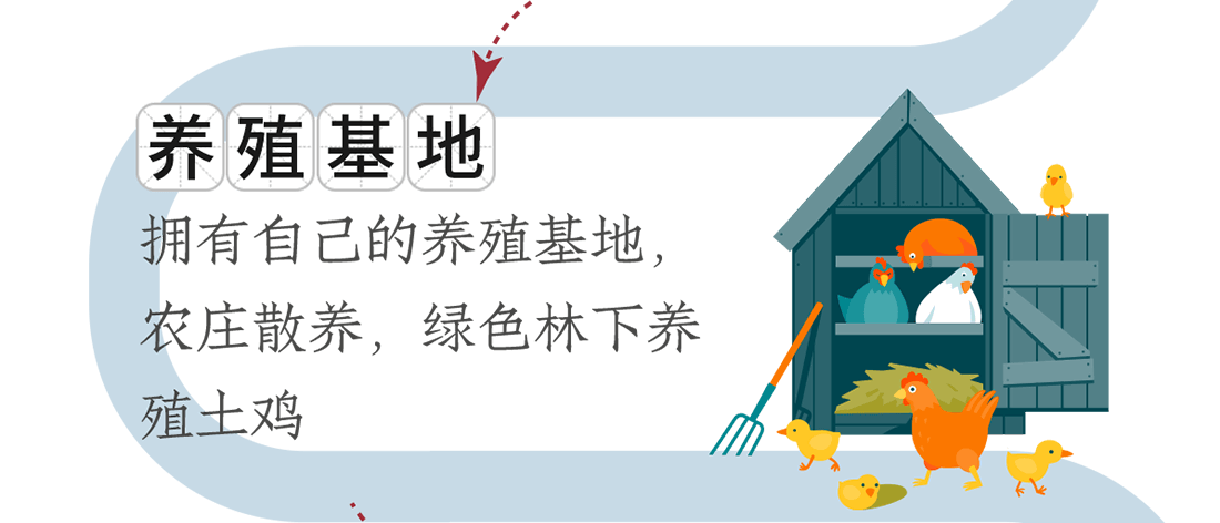 養(yǎng)殖基地。擁有自己的養(yǎng)殖基地，農(nóng)莊散養(yǎng)，綠色林下養(yǎng)殖土雞